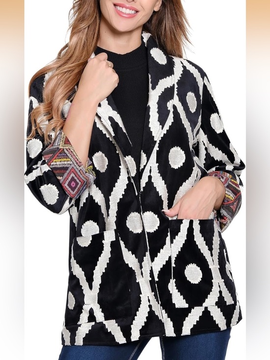 John Mark Jackets & Blazers - John Mark Velvet Black Cream Boho Jacket Size L
